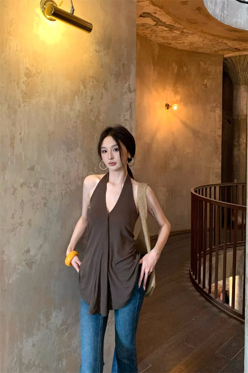 실사 정가 순수한 욕망 품격 섹시함 핫걸 행침 목 불규칙 백리스 단색 조끼 맨위 이미지 2