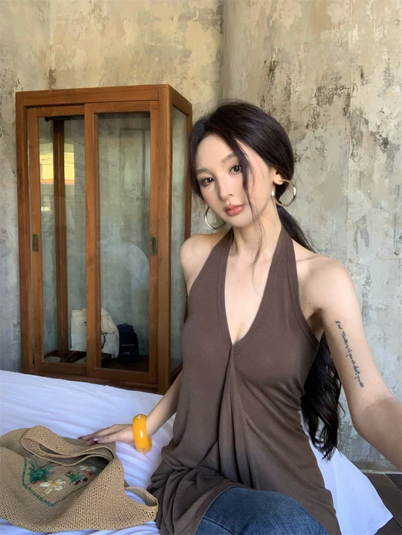 실사 정가 순수한 욕망 품격 섹시함 핫걸 행침 목 불규칙 백리스 단색 조끼 맨위 상세 이미지 4