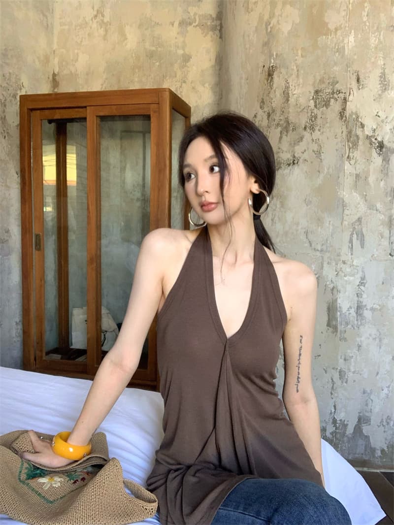 실사 정가 순수한 욕망 품격 섹시함 핫걸 행침 목 불규칙 백리스 단색 조끼 맨위 상세 이미지 13
