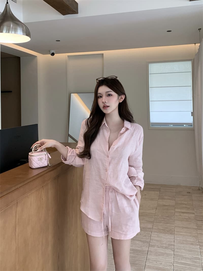 실사 정가 오래된 돈 바람 긴팔 셔츠 여성 여름 캐주얼 반바지 맨위 투피스 세트 상세 이미지 9