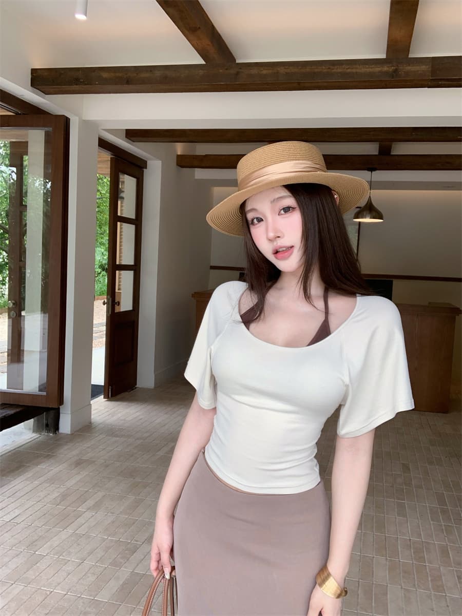 실사 정가 디자인 센스 몸매 가꾸기 슬림해 보이는 행침 목 쇼트 스타일 캐미솔 티셔츠 맨위 투피스 세트 세트 상세 이미지 20
