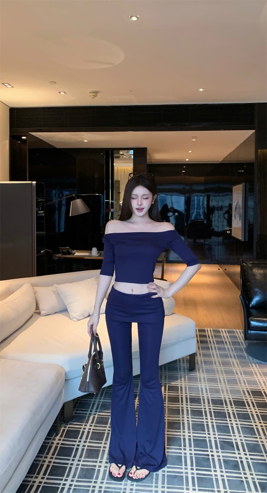 실사 정가 섹시함 핫걸 오프숄더 맨위 나팔 긴 바지 패션 세트 슬림해 보이는 투피스 세트 상세 이미지 12