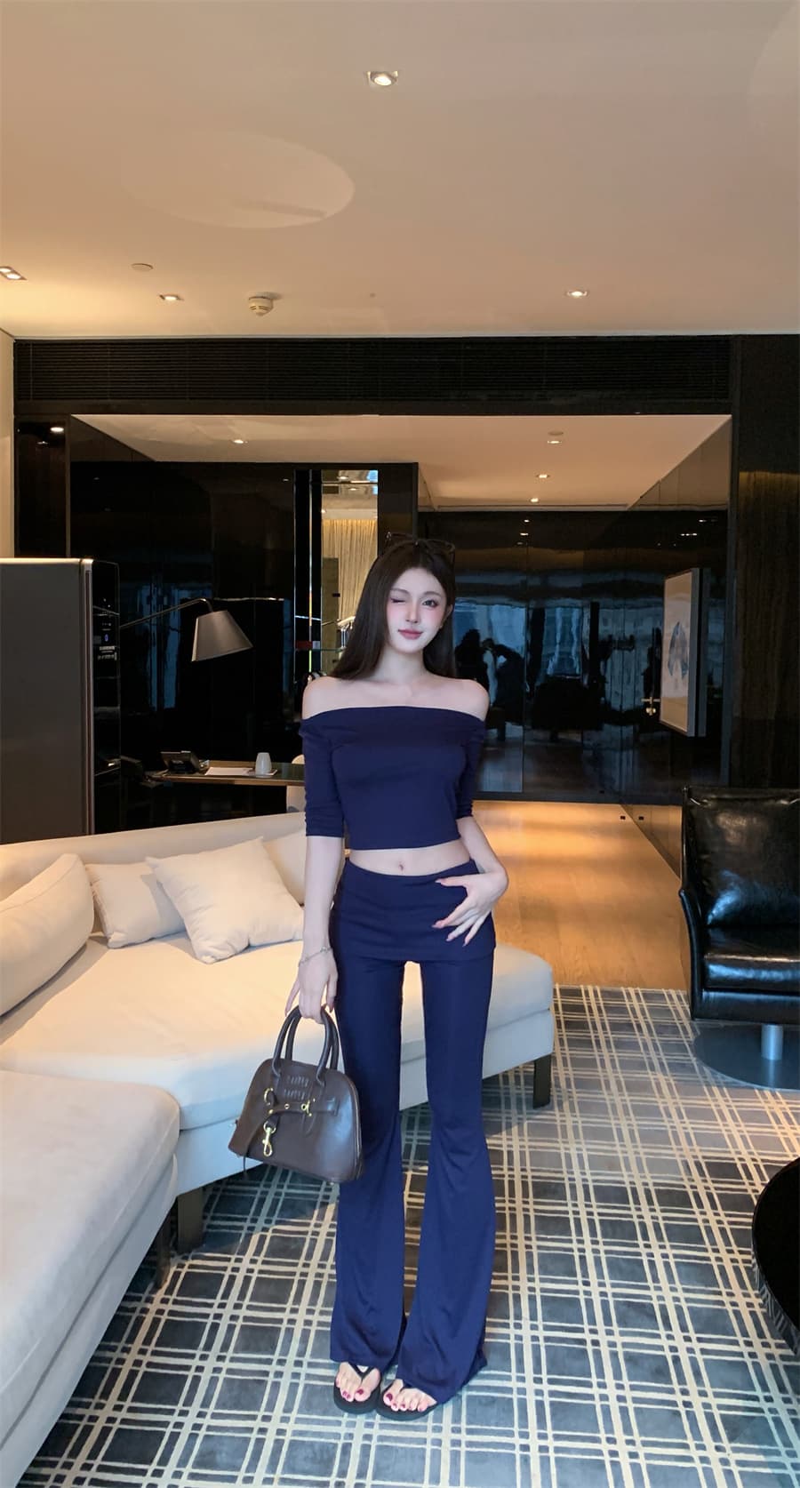 실사 정가 섹시함 핫걸 오프숄더 맨위 나팔 긴 바지 패션 세트 슬림해 보이는 투피스 세트 상세 이미지 16
