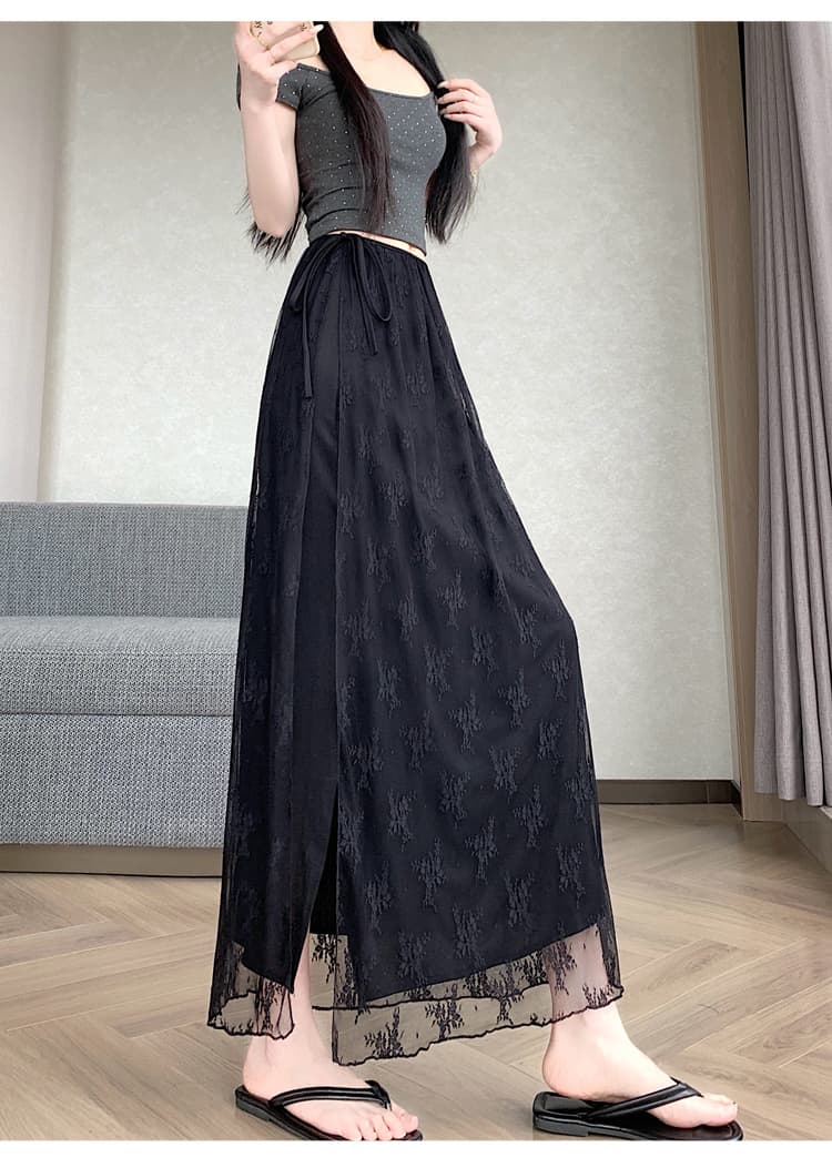 실사 2026 여름 새로운 면 린넨 레이스 측면 트임 중간 길이 스커트 반신 스커트 여성 상세 이미지 33