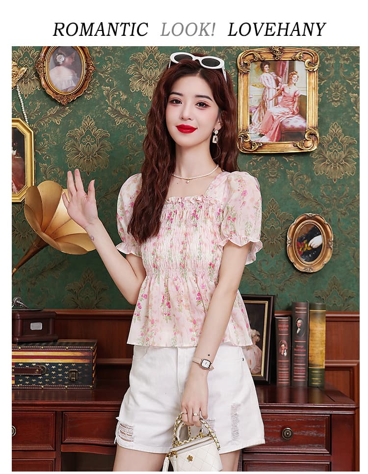 실사 몸매 가꾸기 슬림해 보이는 광장 칼라 거품 소매 꽃무늬 작은 셔츠 여름 대양 작은 키 품격 쉬폰 반팔 맨위 상세 이미지 14