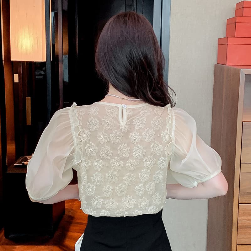 실사 패션 라운드 넥 반팔 맨위 새로운 루즈핏 비즈 박기 3 차원 자카드 거품 소매 쉬폰 프릴 셔츠 이미지 5
