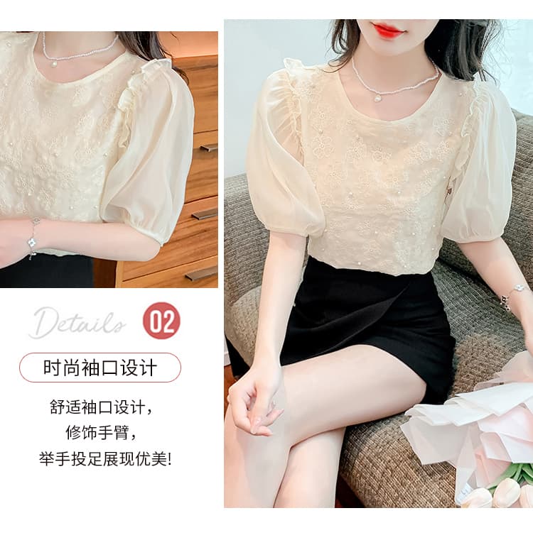 실사 패션 라운드 넥 반팔 맨위 새로운 루즈핏 비즈 박기 3 차원 자카드 거품 소매 쉬폰 프릴 셔츠 상세 이미지 5