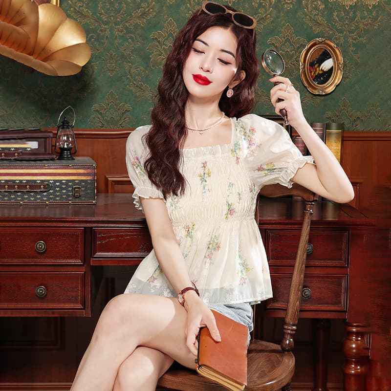 실사 몸매 가꾸기 슬림해 보이는 광장 칼라 거품 소매 꽃무늬 쉬폰 블라우스 여름 외국 가스 백리스 나비 매듭 반팔 맨위 이미지 4