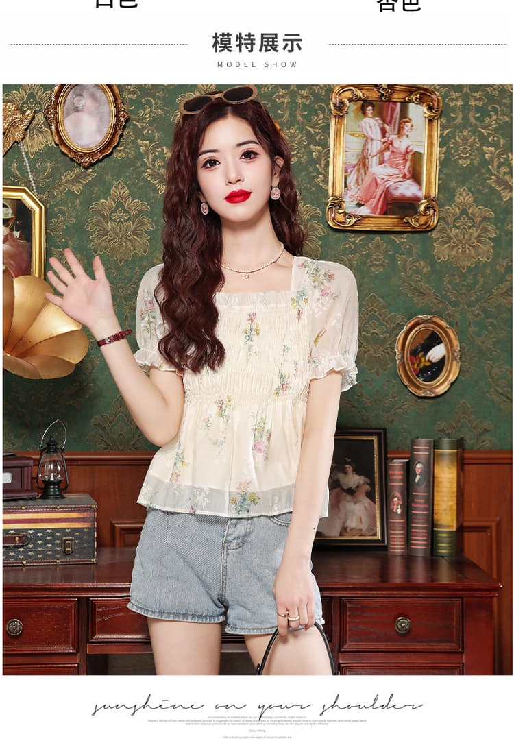 실사 몸매 가꾸기 슬림해 보이는 광장 칼라 거품 소매 꽃무늬 쉬폰 블라우스 여름 외국 가스 백리스 나비 매듭 반팔 맨위 상세 이미지 10