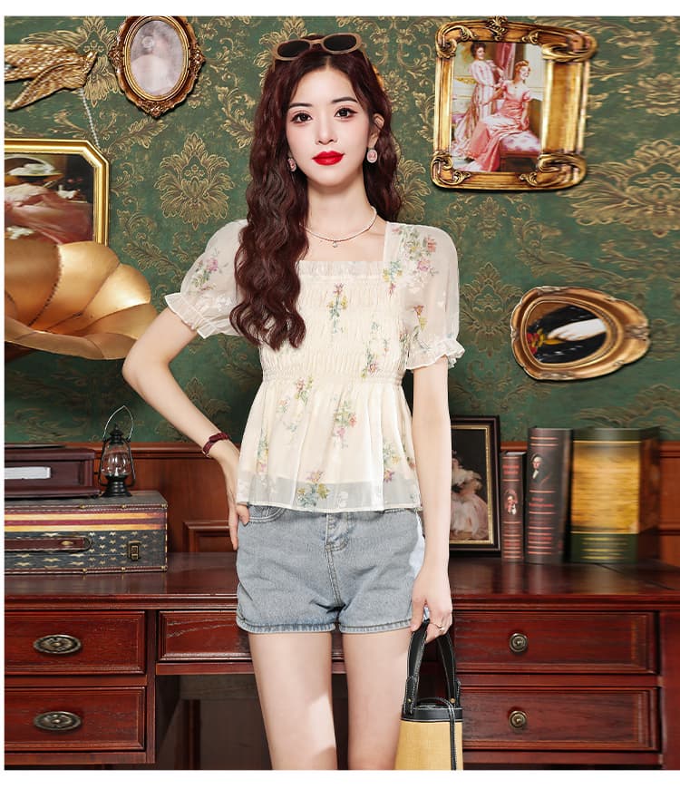 실사 몸매 가꾸기 슬림해 보이는 광장 칼라 거품 소매 꽃무늬 쉬폰 블라우스 여름 외국 가스 백리스 나비 매듭 반팔 맨위 상세 이미지 13