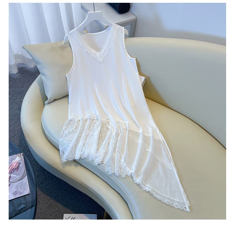실사 새로운 2026 여름 새로운 패션 불규칙 레이스 측면 V넥 조끼 티셔츠 맨위 여성 보내기 벨트 상세 이미지 15