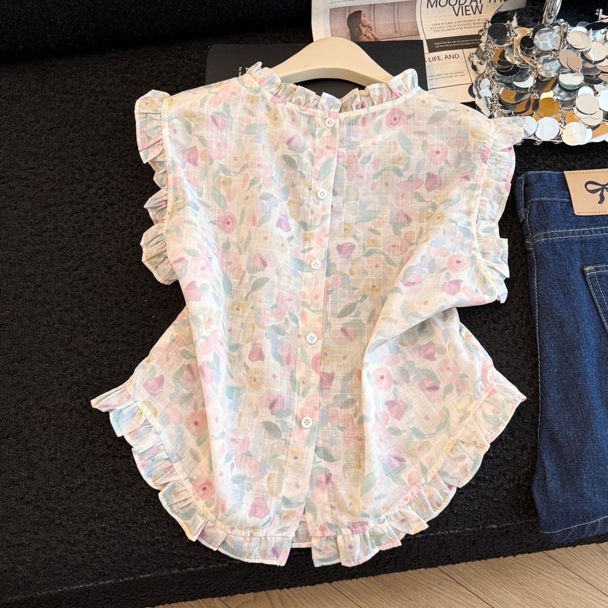 실사 프랑스식 꽃무늬 민소매 맨위 여성 여름 디자인 센스 자수 프릴 루즈핏 슬림해 보이는 연령 감소 인형 셔츠 여성 이미지 4