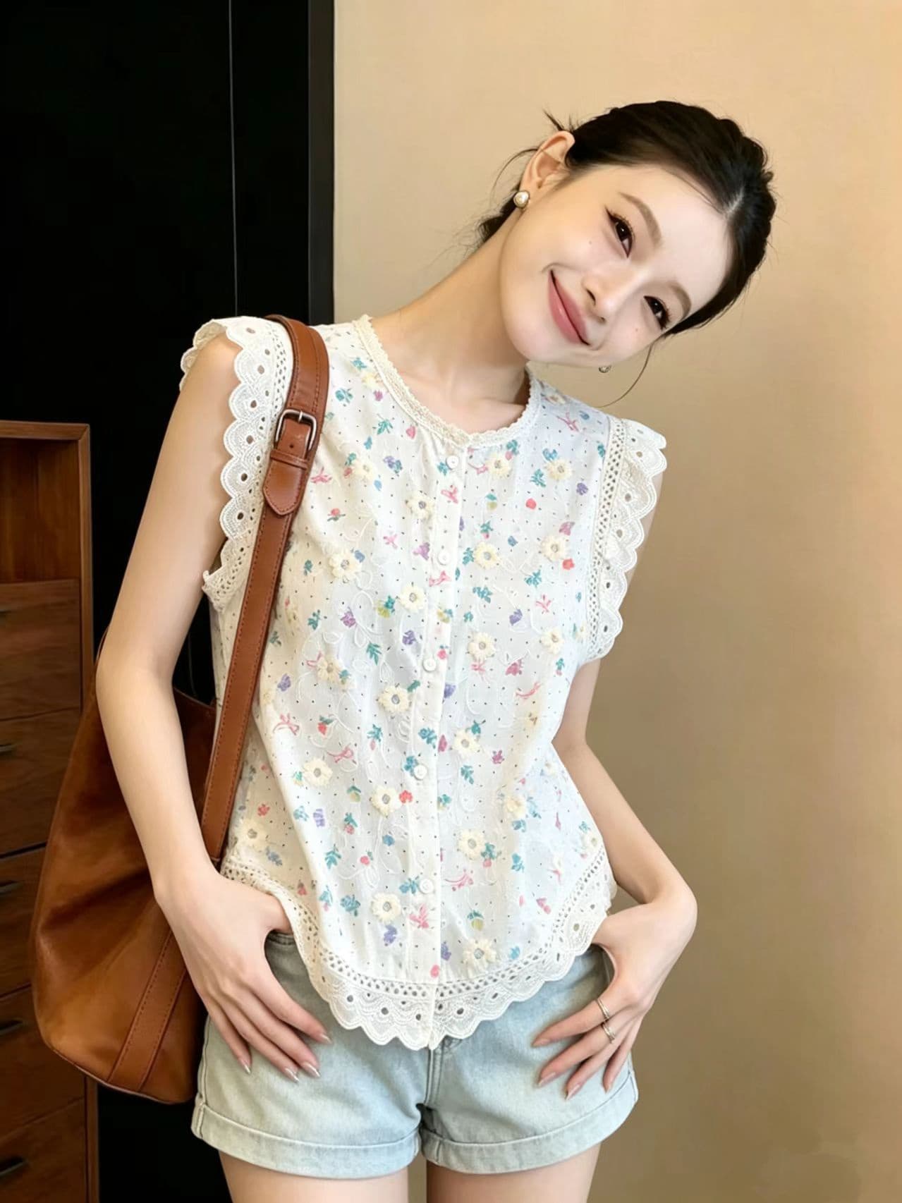 실사 프랑스식 라운드 넥 프린트 여성 셔츠 여름 꽃무늬 자수 작은 날다 소매 루즈핏 표지 고기 연령 감소 인형 셔츠 작은 셔츠 이미지 3