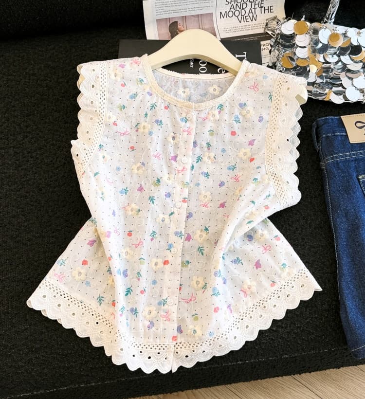 실사 프랑스식 라운드 넥 프린트 여성 셔츠 여름 꽃무늬 자수 작은 날다 소매 루즈핏 표지 고기 연령 감소 인형 셔츠 작은 셔츠 상세 이미지 7