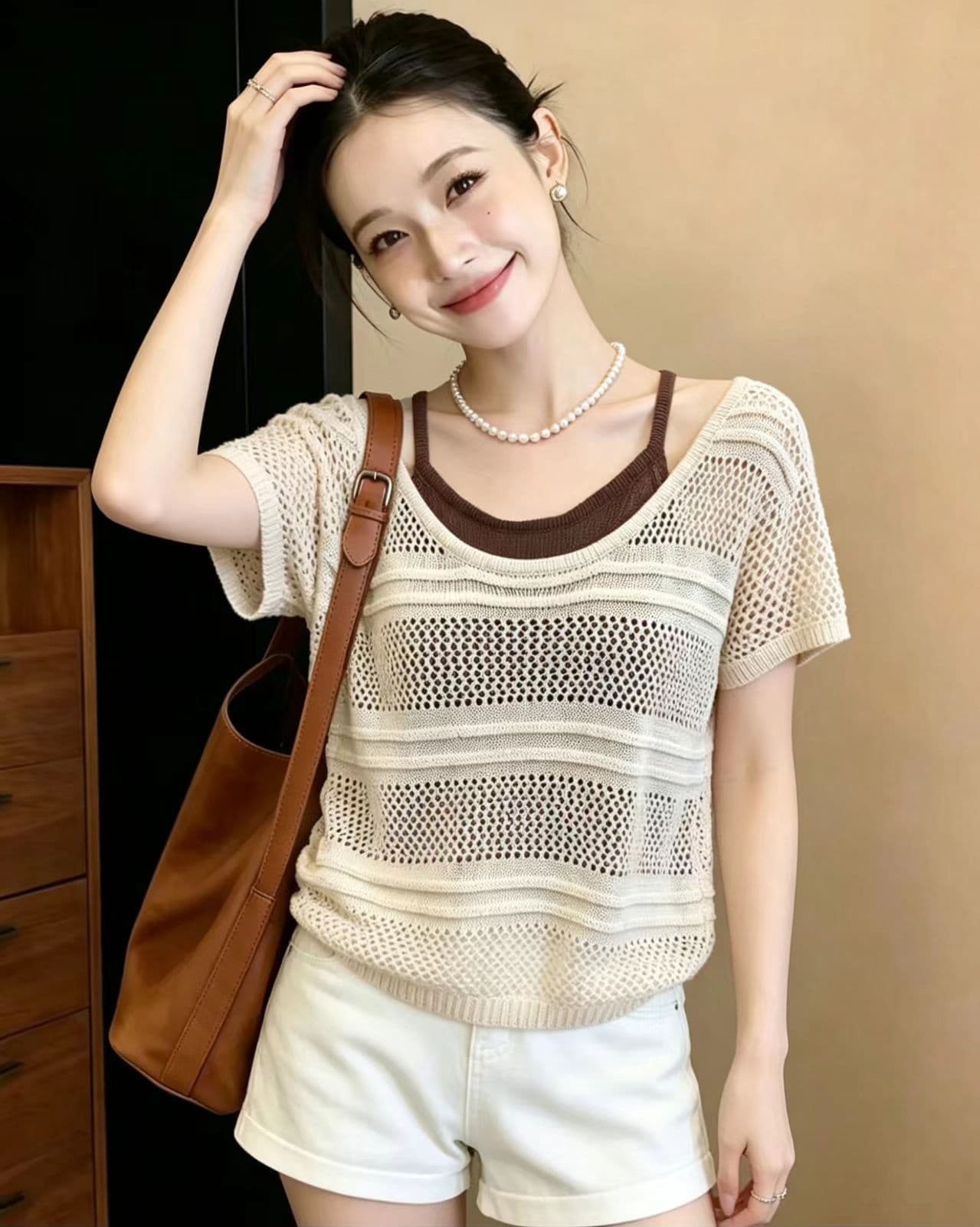 페이크 레이어드 홀로우 아웃 니트 반팔 여성 여름 2026 새로운 부드러운 바람 루즈핏 슬림해 보이는 배색 니트 스웨터 맨위 상세 이미지 3