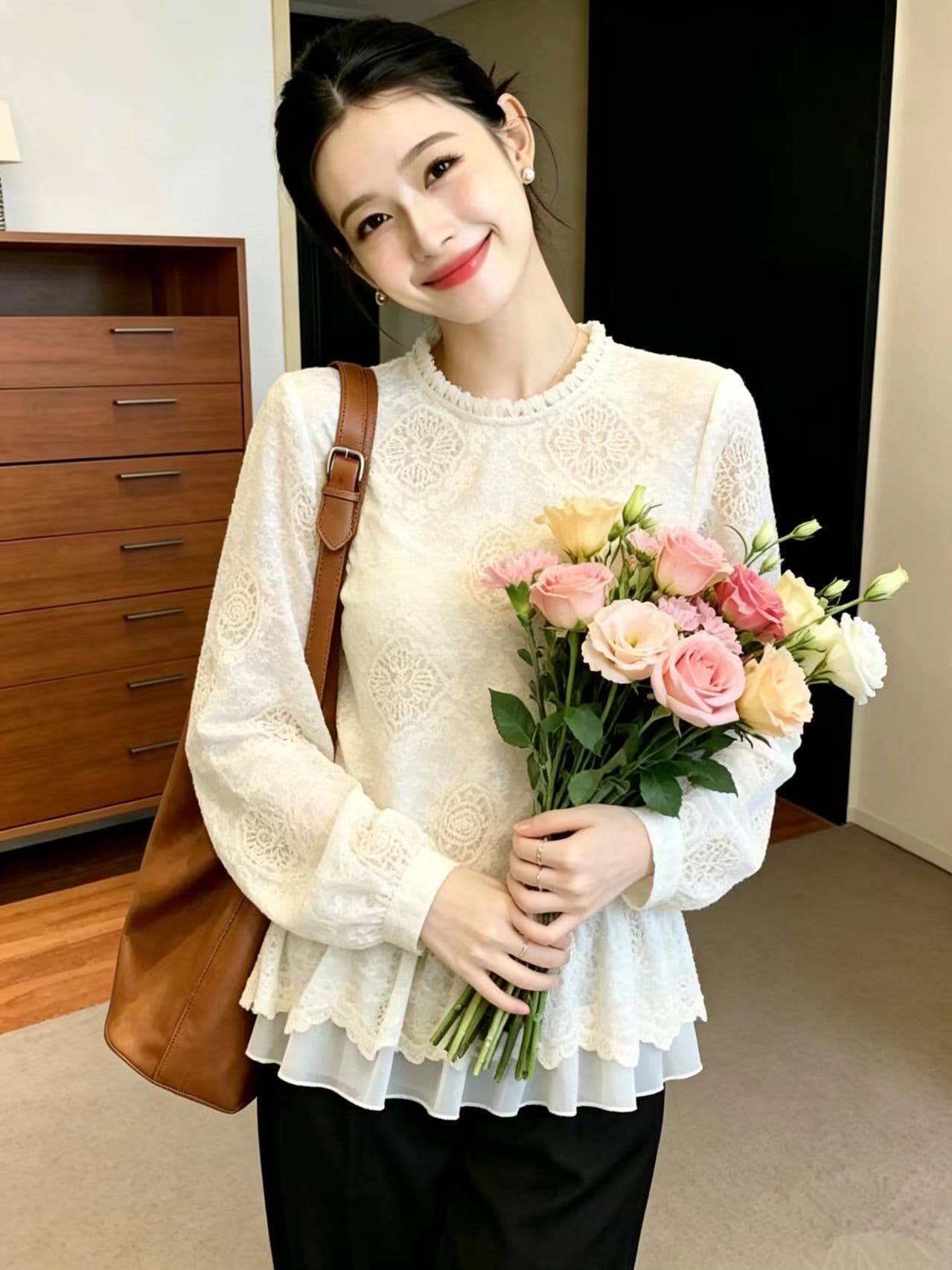 2026 가을 부드러운 바람 자수 레이스 맨위 여성 이후 열기 버클 이중층 밑단 슬림해 보이는 다용도 품격 만나는 작은 셔츠 이미지 2