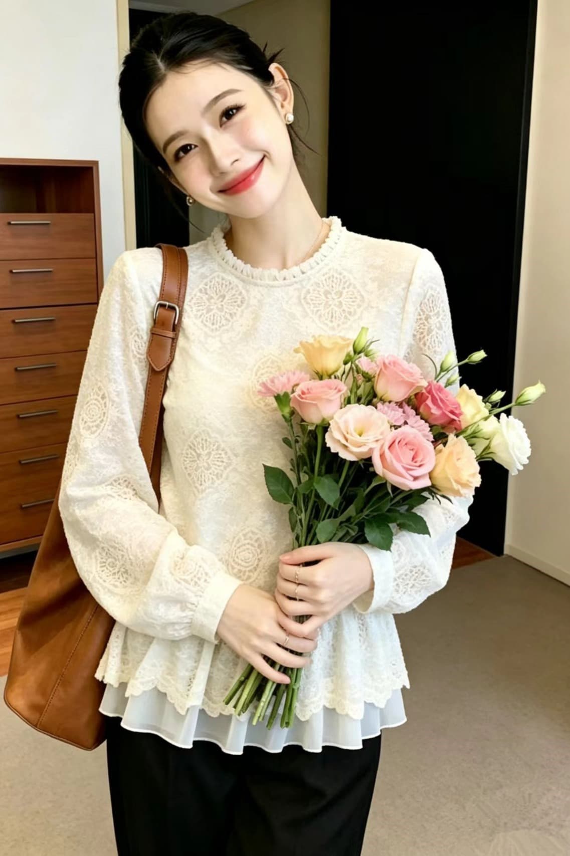 2026 가을 부드러운 바람 자수 레이스 맨위 여성 이후 열기 버클 이중층 밑단 슬림해 보이는 다용도 품격 만나는 작은 셔츠 이미지 7