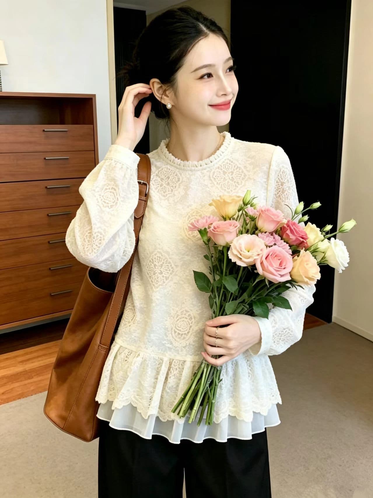 2026 가을 부드러운 바람 자수 레이스 맨위 여성 이후 열기 버클 이중층 밑단 슬림해 보이는 다용도 품격 만나는 작은 셔츠 상세 이미지 3
