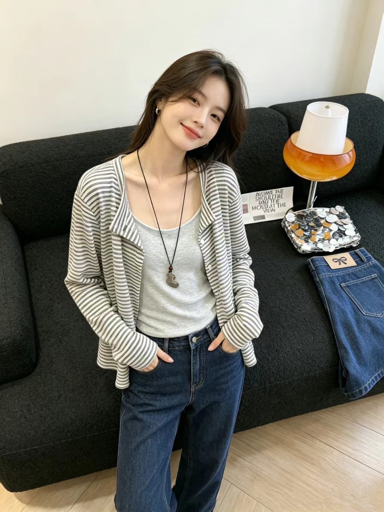 한 부서 페이크 레이어드 스트라이프 긴팔 티셔츠 여성 이른 가을 폴로 칼라 패치워크 기본 셔츠 느긋한 바람 슬림해 보이는 원피스 켜기 이미지 3