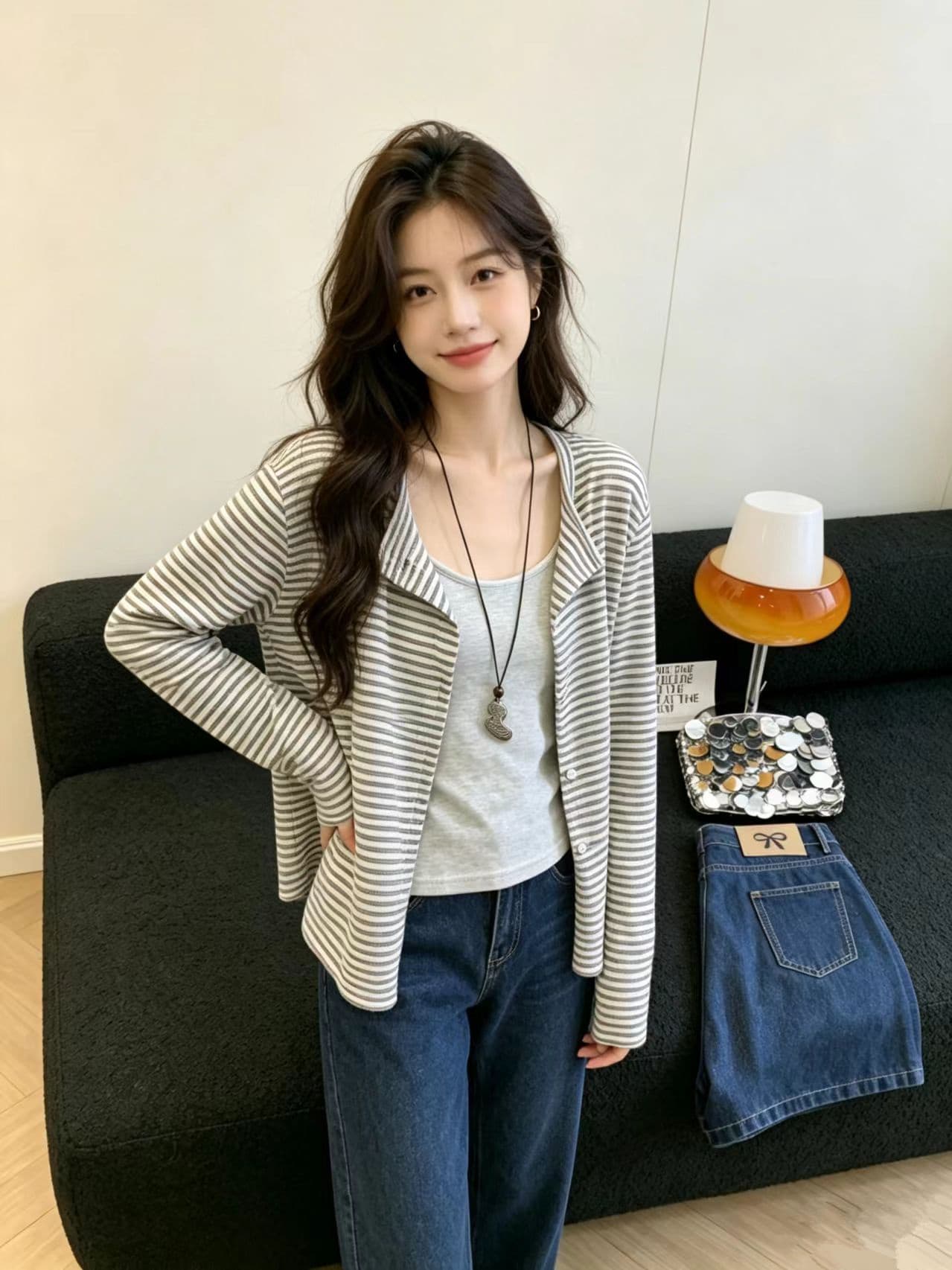 한 부서 페이크 레이어드 스트라이프 긴팔 티셔츠 여성 이른 가을 폴로 칼라 패치워크 기본 셔츠 느긋한 바람 슬림해 보이는 원피스 켜기 이미지 5
