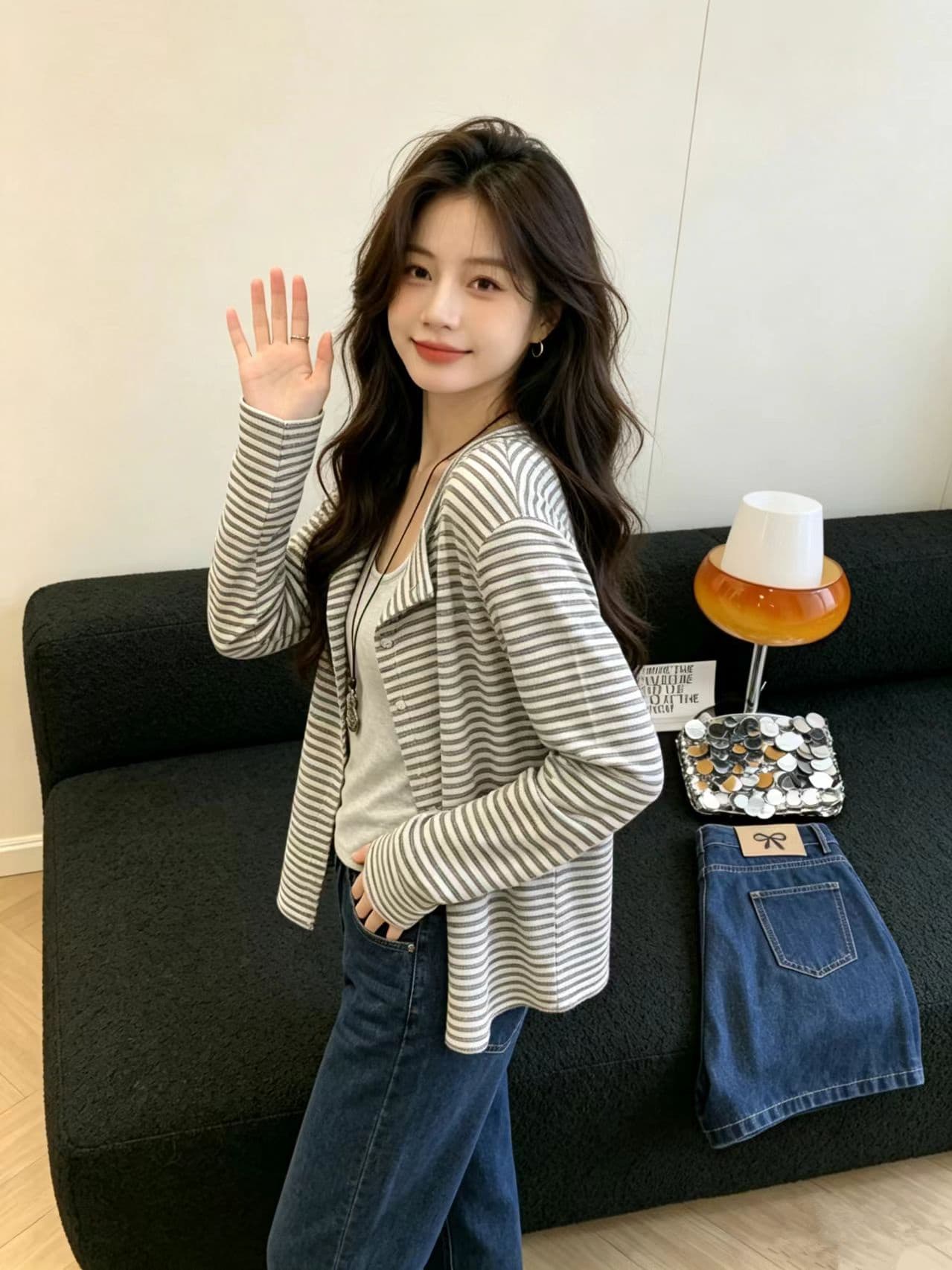한 부서 페이크 레이어드 스트라이프 긴팔 티셔츠 여성 이른 가을 폴로 칼라 패치워크 기본 셔츠 느긋한 바람 슬림해 보이는 원피스 켜기 이미지 4