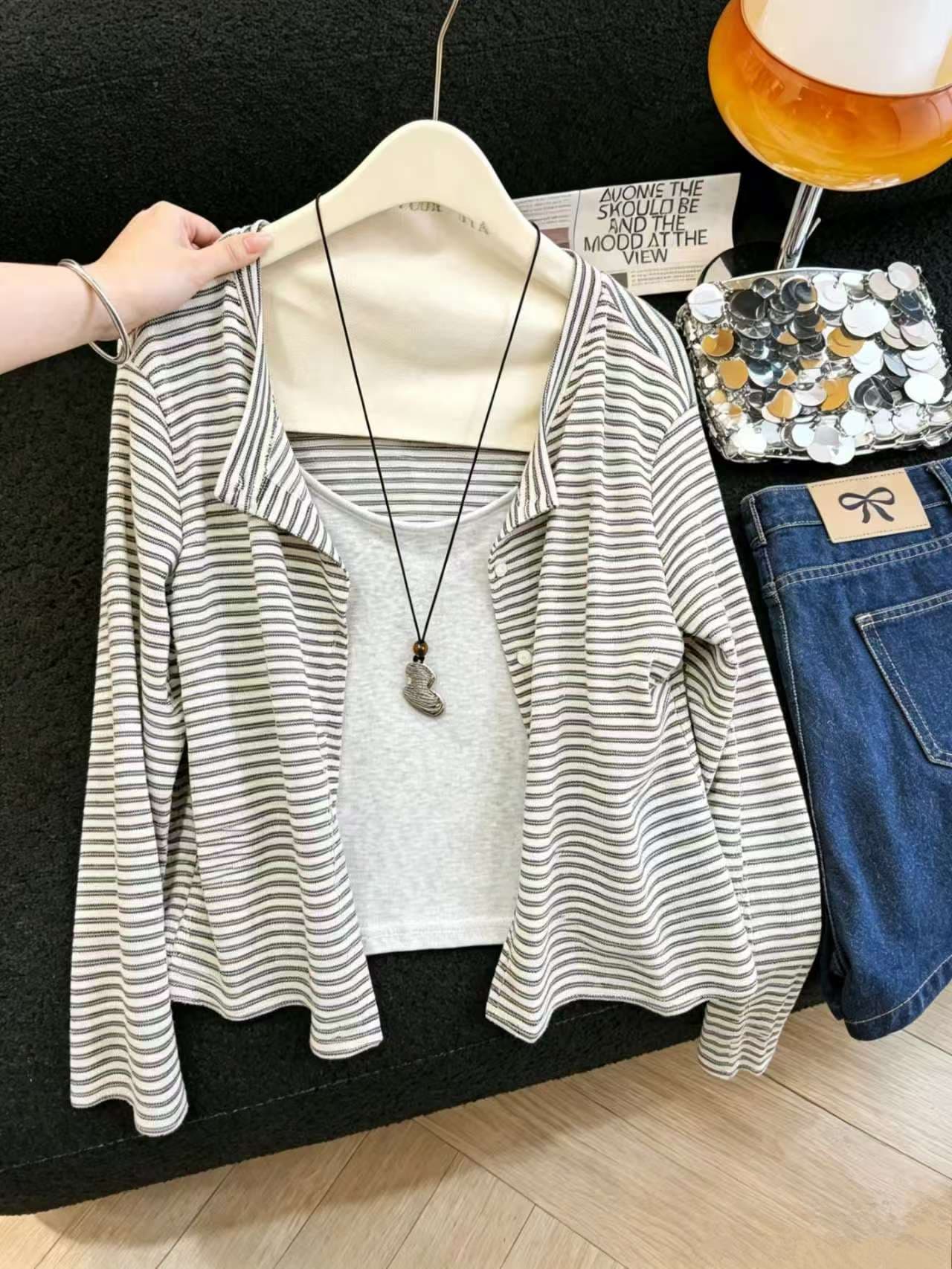 실사 페이크 레이어드 스트라이프 긴팔 티셔츠 여성 이른 가을 폴로 칼라 패치워크 기본 셔츠 슬림해 보이는 원피스 맨위 여성 이미지 2