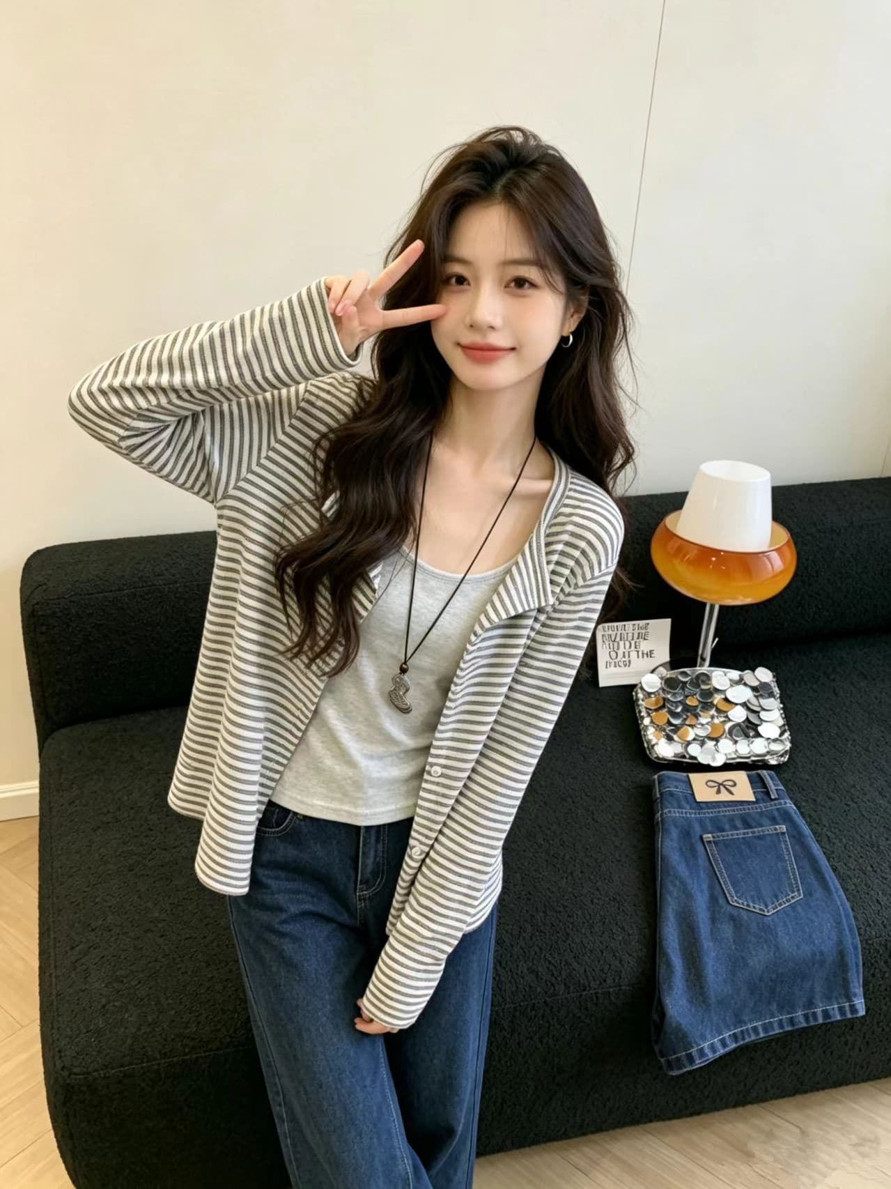 한 부서 페이크 레이어드 스트라이프 긴팔 티셔츠 여성 이른 가을 폴로 칼라 패치워크 기본 셔츠 느긋한 바람 슬림해 보이는 원피스 켜기 상세 이미지 9