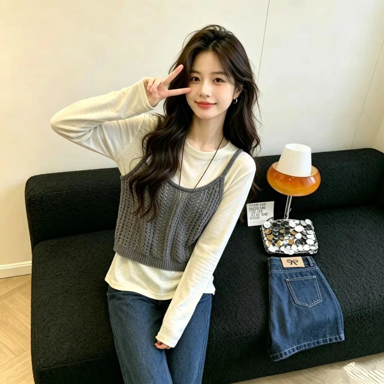 실사 부드러운 캐주얼 바람 홀로우 아웃 자수 니트 슬립 베스트 조끼 기초 긴팔 티셔츠 여성 투피스 세트 이미지 4
