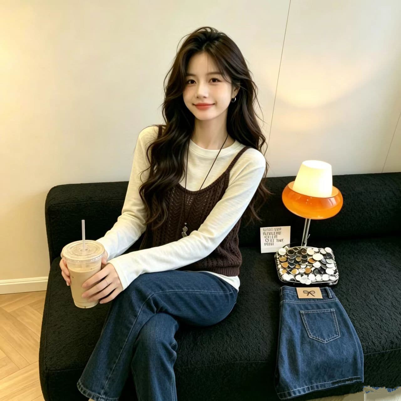 실사 부드러운 캐주얼 바람 홀로우 아웃 자수 니트 슬립 베스트 조끼 기초 긴팔 티셔츠 여성 투피스 세트 상세 이미지 1