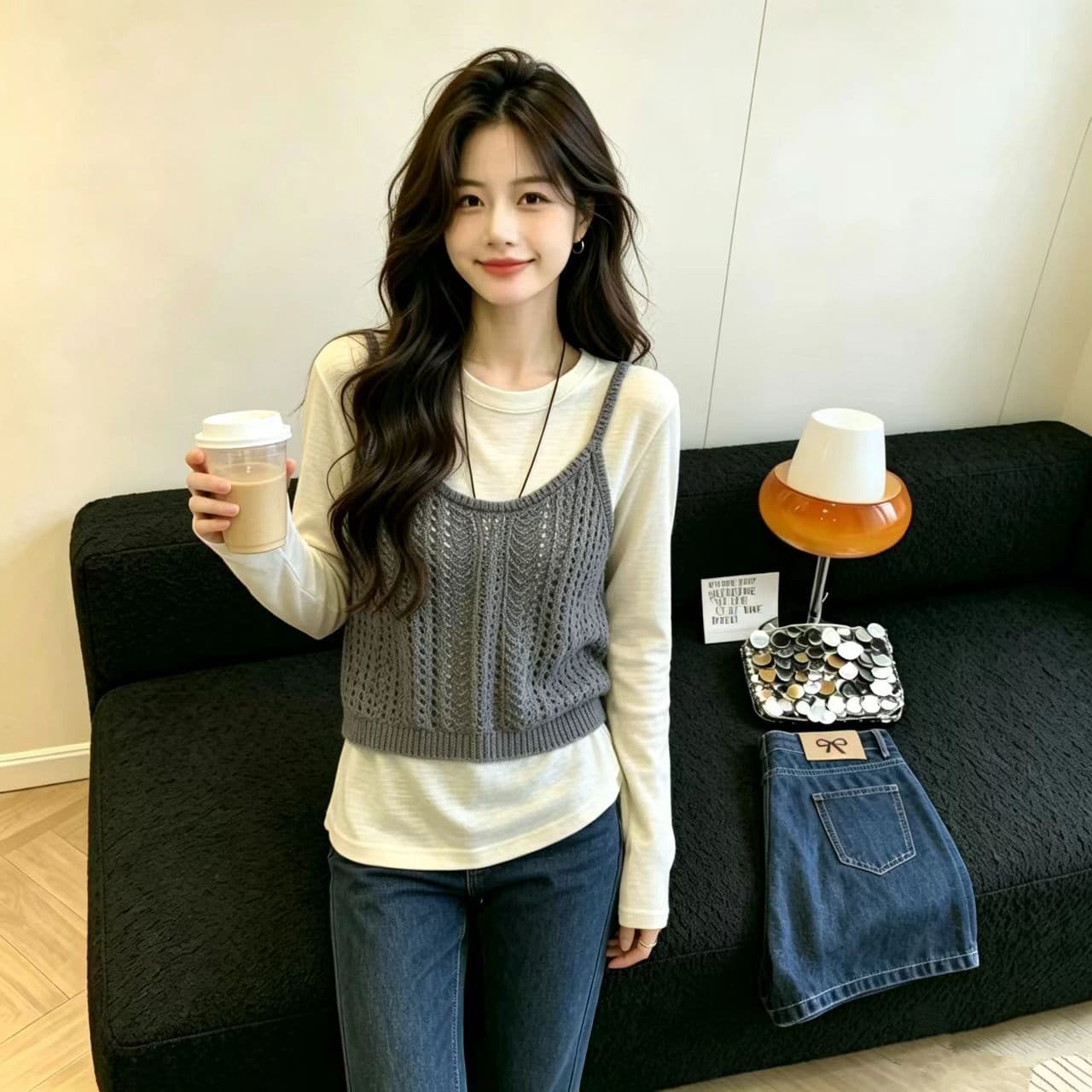 실사 부드러운 캐주얼 바람 홀로우 아웃 자수 니트 슬립 베스트 조끼 기초 긴팔 티셔츠 여성 투피스 세트 상세 이미지 3