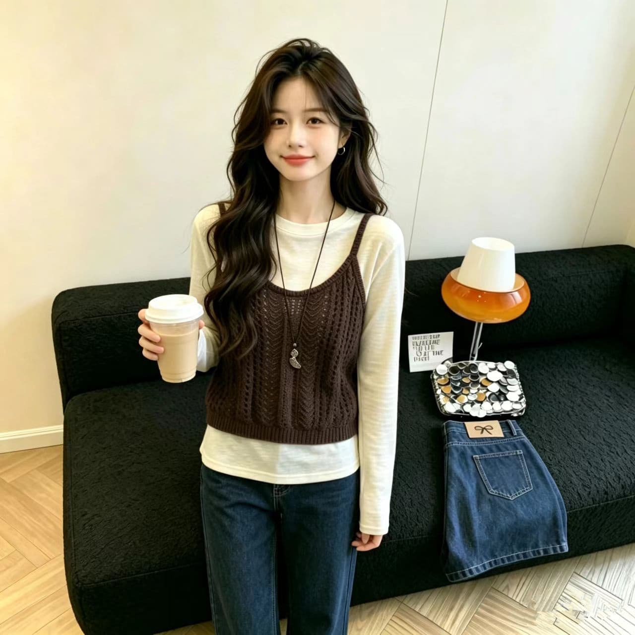 실사 부드러운 캐주얼 바람 홀로우 아웃 자수 니트 슬립 베스트 조끼 기초 긴팔 티셔츠 여성 투피스 세트 상세 이미지 7