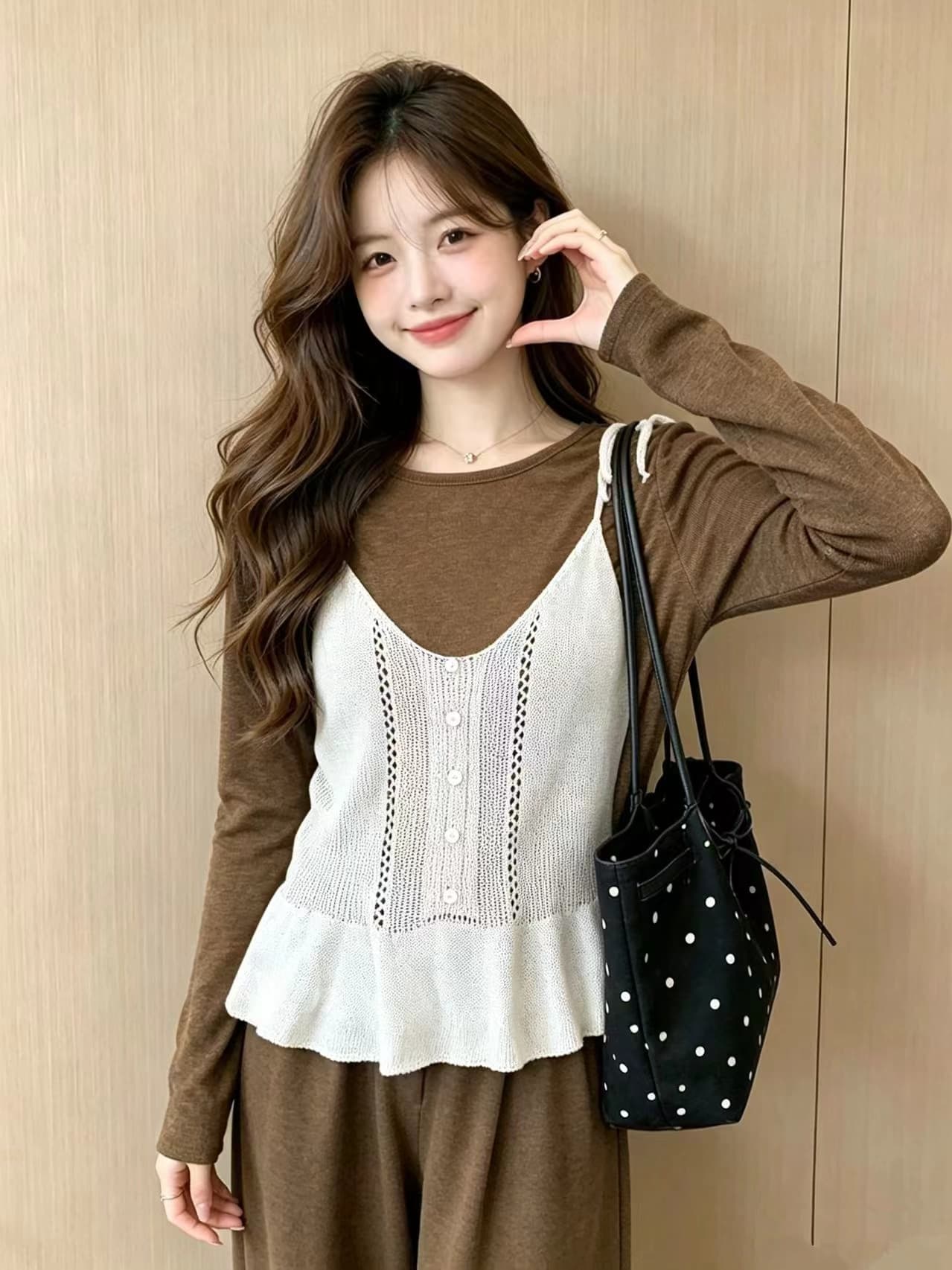 실사 한 부서 이른 가을 느긋한 바람 홀로우 아웃 니트 슬립 세트 라운드 넥 긴팔 만나는 스택 착용 두 조각 여성 세트 이미지 2