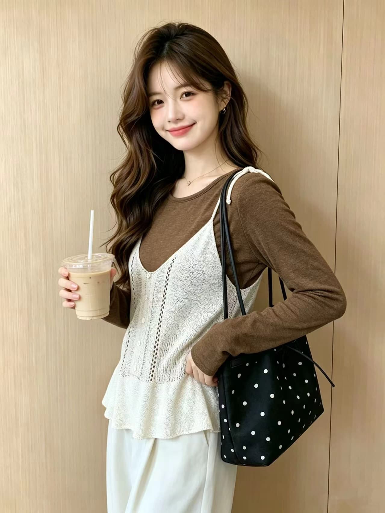 실사 한 부서 이른 가을 느긋한 바람 홀로우 아웃 니트 슬립 세트 라운드 넥 긴팔 만나는 스택 착용 두 조각 여성 세트 이미지 3