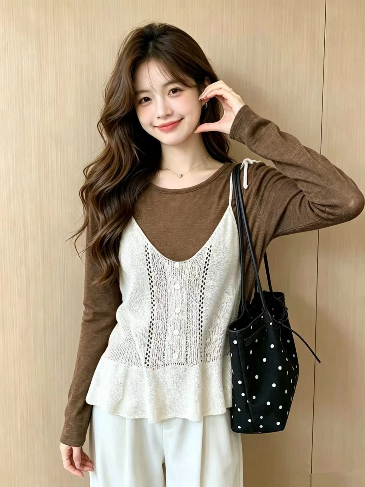 실사 한 부서 이른 가을 느긋한 바람 홀로우 아웃 니트 슬립 세트 라운드 넥 긴팔 만나는 스택 착용 두 조각 여성 세트 이미지 4