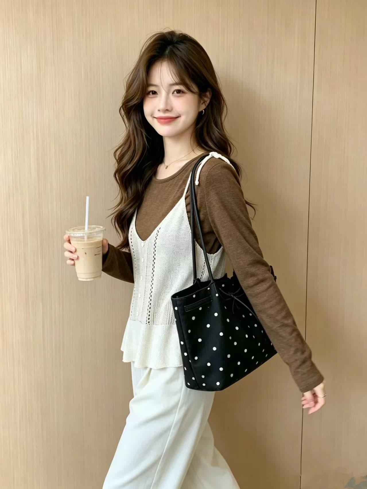 실사 한 부서 이른 가을 느긋한 바람 홀로우 아웃 니트 슬립 세트 라운드 넥 긴팔 만나는 스택 착용 두 조각 여성 세트 이미지 5