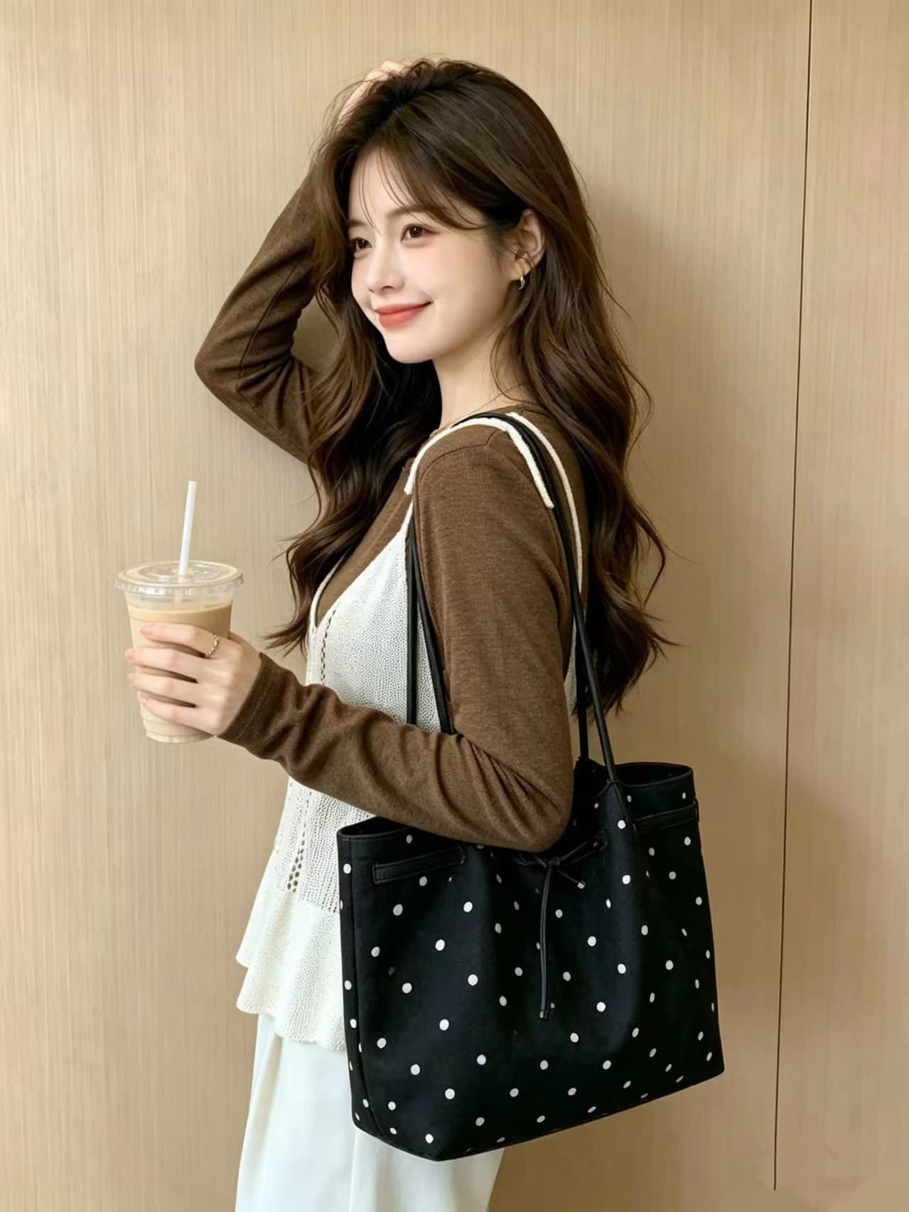 실사 한 부서 이른 가을 느긋한 바람 홀로우 아웃 니트 슬립 세트 라운드 넥 긴팔 만나는 스택 착용 두 조각 여성 세트 상세 이미지 3