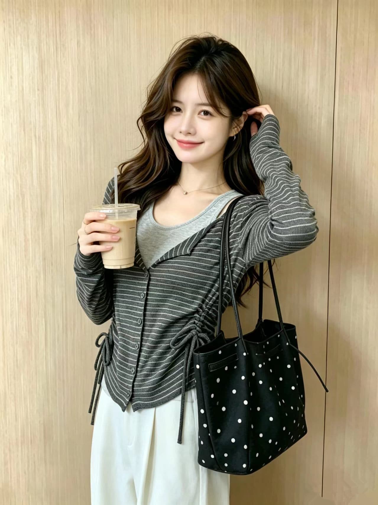 실사 페이크 레이어드 스트라이프 허리 수축 긴팔 맨위 여성 이른 가을 새로운 한 부서 슬림해 보이는 다용도 펌프 로프 기본 셔츠 이미지 2