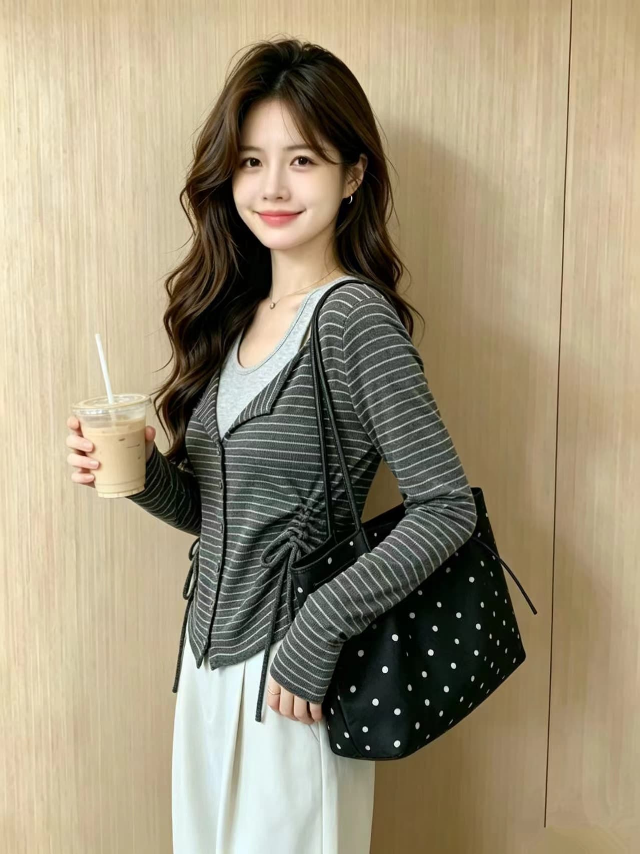 실사 페이크 레이어드 스트라이프 허리 수축 긴팔 맨위 여성 이른 가을 새로운 한 부서 슬림해 보이는 다용도 펌프 로프 기본 셔츠 상세 이미지 4