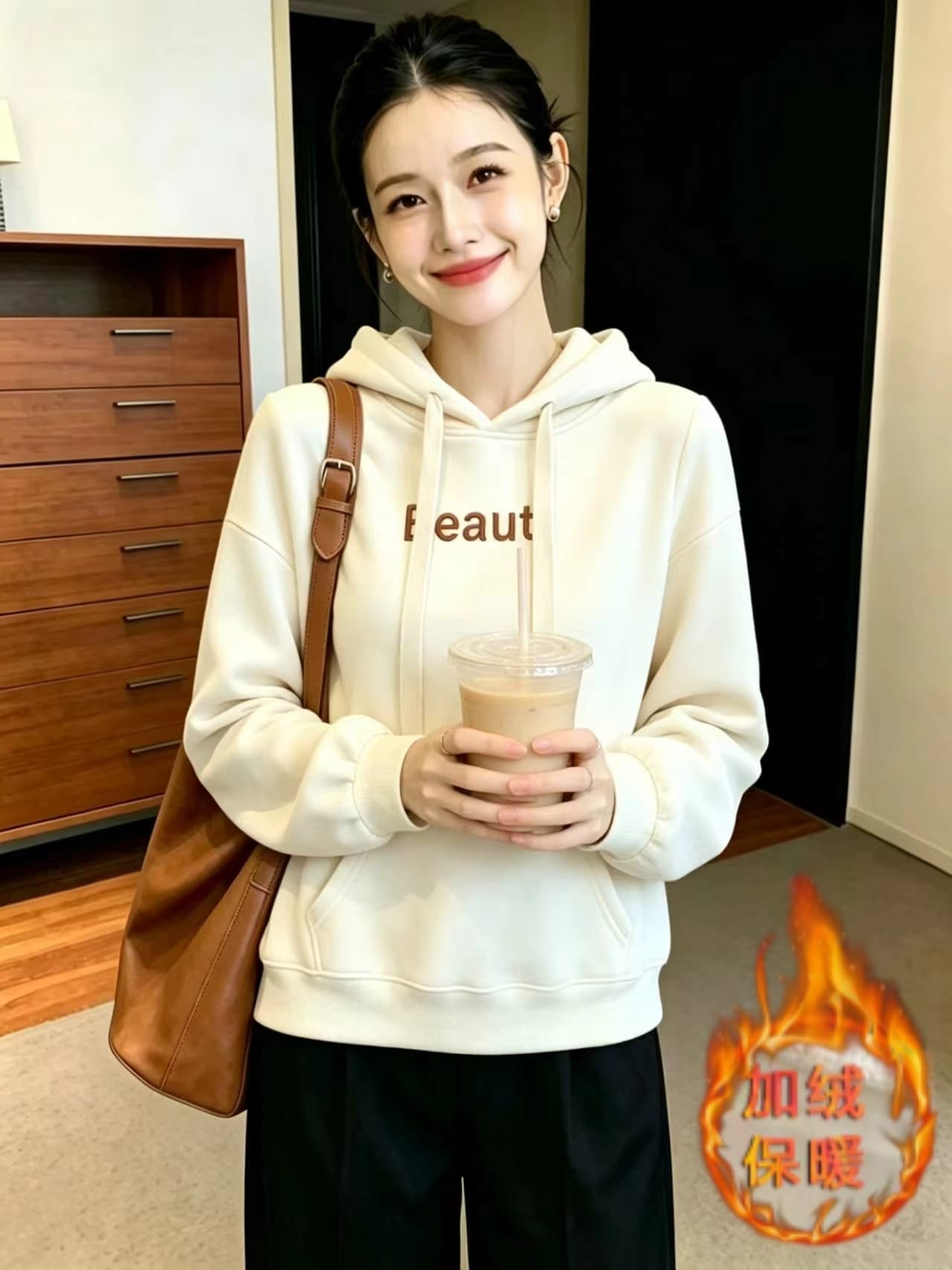 실사 패션 털이 있는 후드 티 스웨터 여성 가을 겨울 새로운 루즈핏 다용도 알파벳 자수 긴팔 맨위 여성 코트 이미지 2