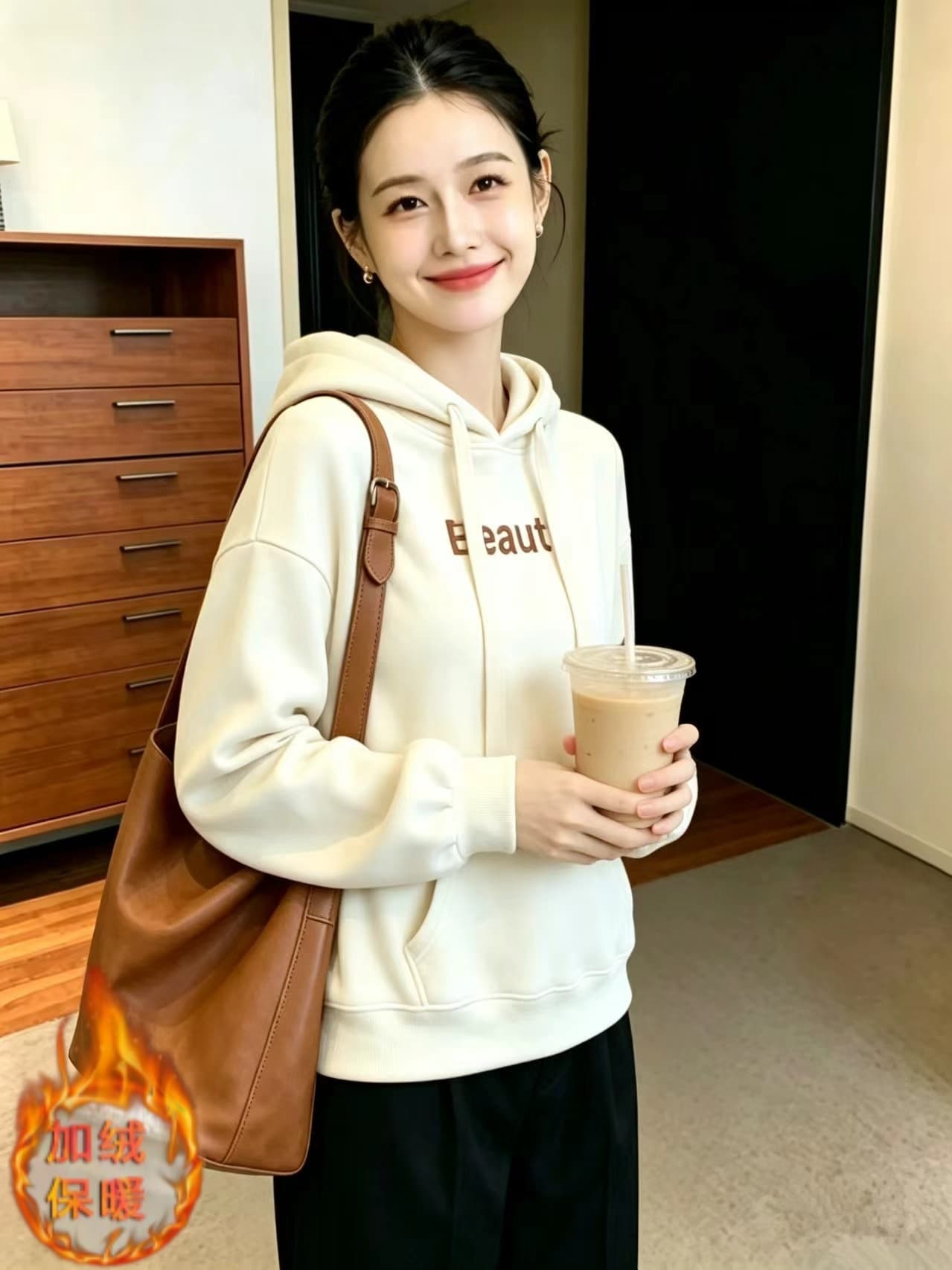 실사 패션 털이 있는 후드 티 스웨터 여성 가을 겨울 새로운 루즈핏 다용도 알파벳 자수 긴팔 맨위 여성 코트 이미지 3