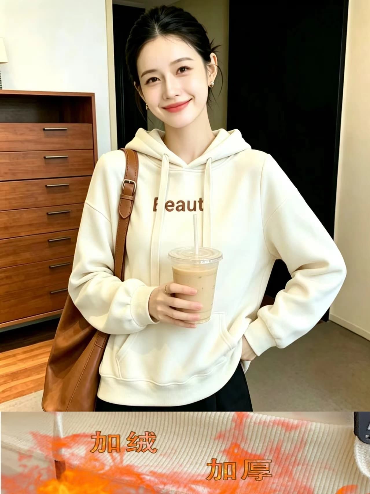실사 패션 털이 있는 후드 티 스웨터 여성 가을 겨울 새로운 루즈핏 다용도 알파벳 자수 긴팔 맨위 여성 코트 상세 이미지 2