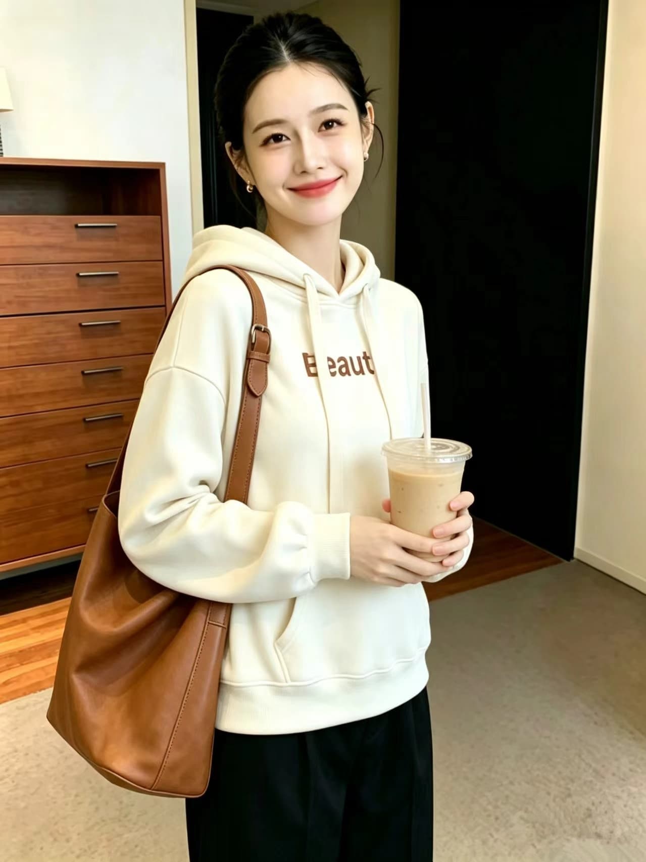 실사 패션 털이 있는 후드 티 스웨터 여성 가을 겨울 새로운 루즈핏 다용도 알파벳 자수 긴팔 맨위 여성 코트 상세 이미지 4