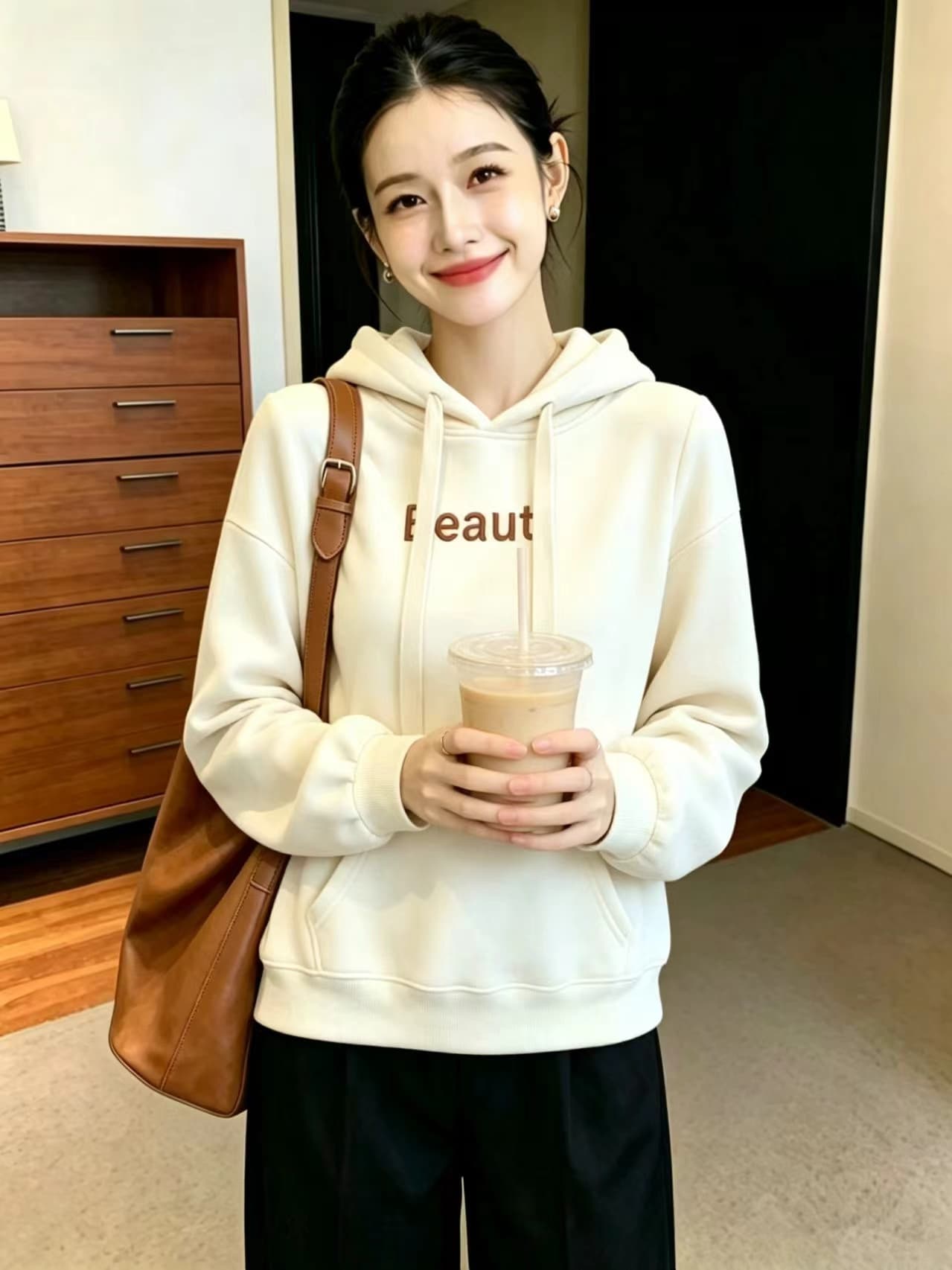 실사 패션 털이 있는 후드 티 스웨터 여성 가을 겨울 새로운 루즈핏 다용도 알파벳 자수 긴팔 맨위 여성 코트 상세 이미지 9