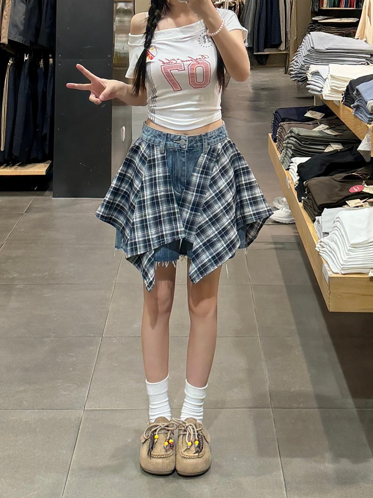 실사 체크무늬 패치워크 방귀 커튼 데님 반바지 여성 2026 여름 새로운 빅 사이즈 지방 mm 작은 키 스트레이트 바지 상세 이미지 3