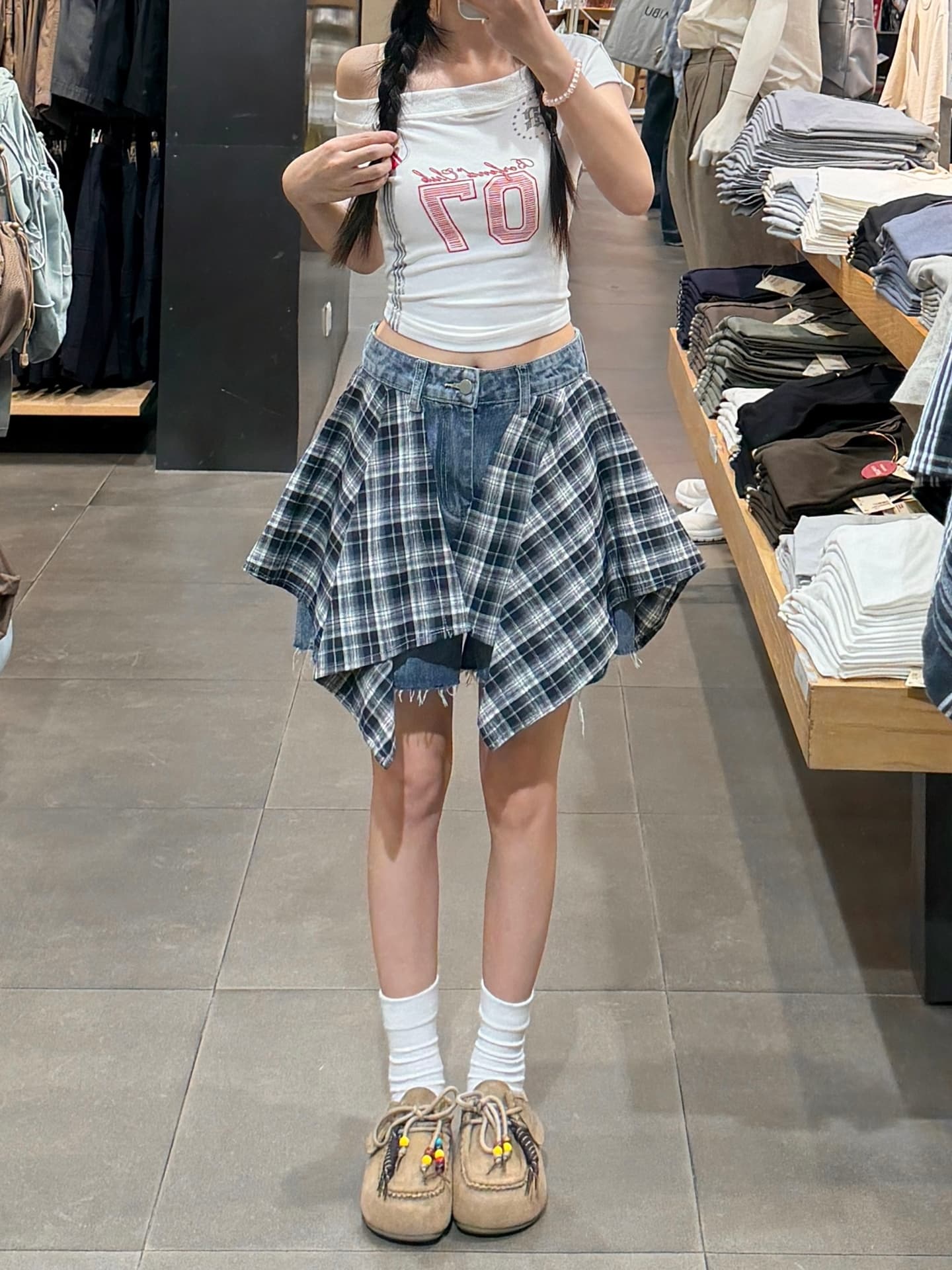 실사 체크무늬 패치워크 방귀 커튼 데님 반바지 여성 2026 여름 새로운 빅 사이즈 지방 mm 작은 키 스트레이트 바지 상세 이미지 4