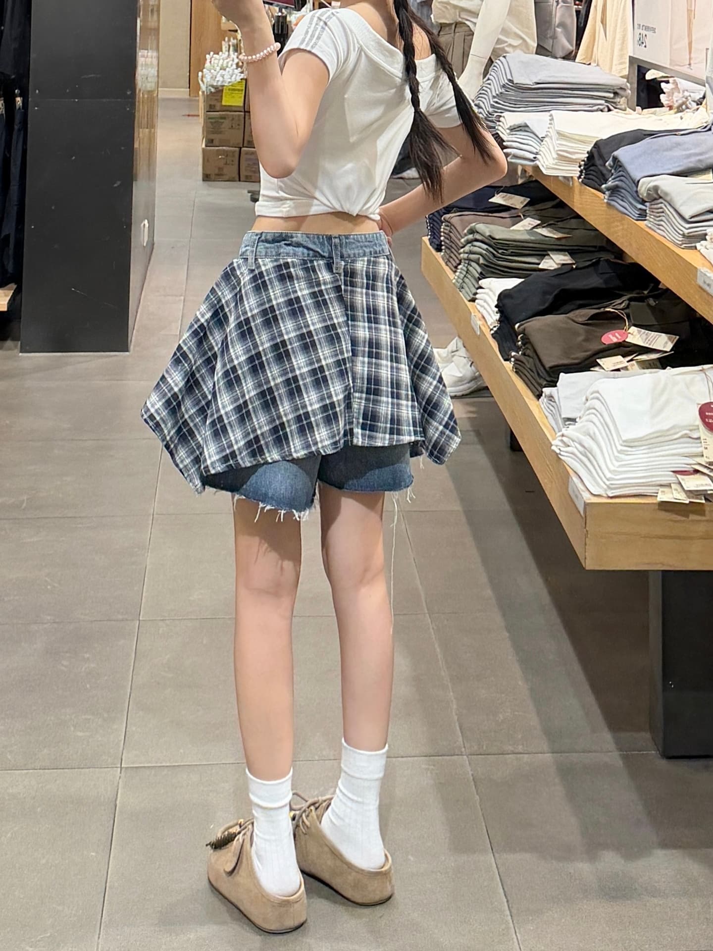 실사 체크무늬 패치워크 방귀 커튼 데님 반바지 여성 2026 여름 새로운 빅 사이즈 지방 mm 작은 키 스트레이트 바지 상세 이미지 10