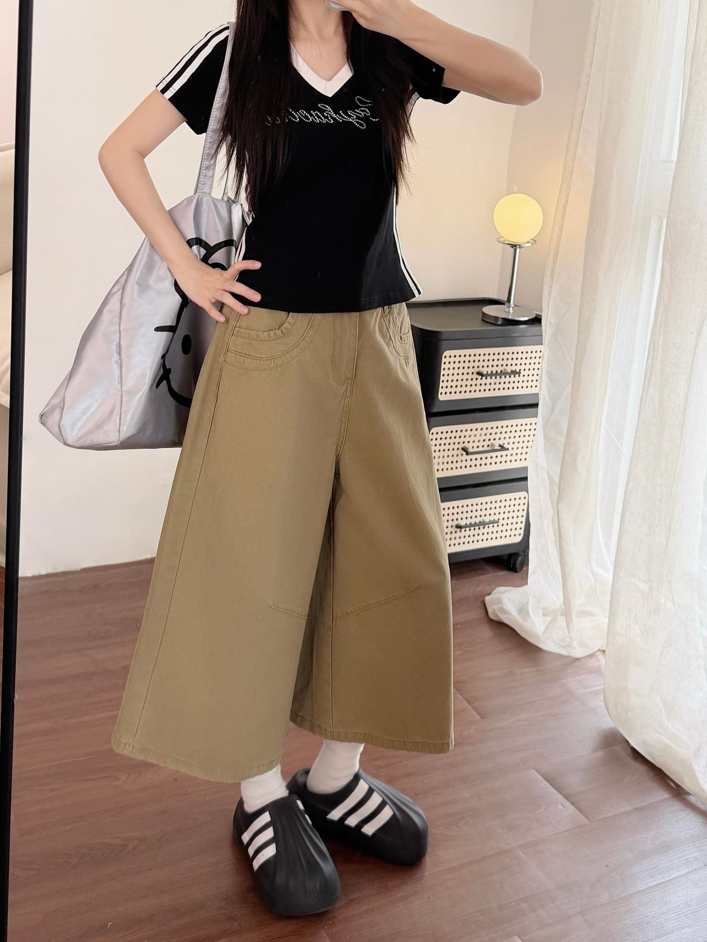 실사 레트로 카키 색 넓은 다리 데님 7부 바지 여성 여름 새로운 빅 사이즈 지방 mm 루즈핏 슬림해 보이는 스트레이트 팬츠 상세 이미지 3