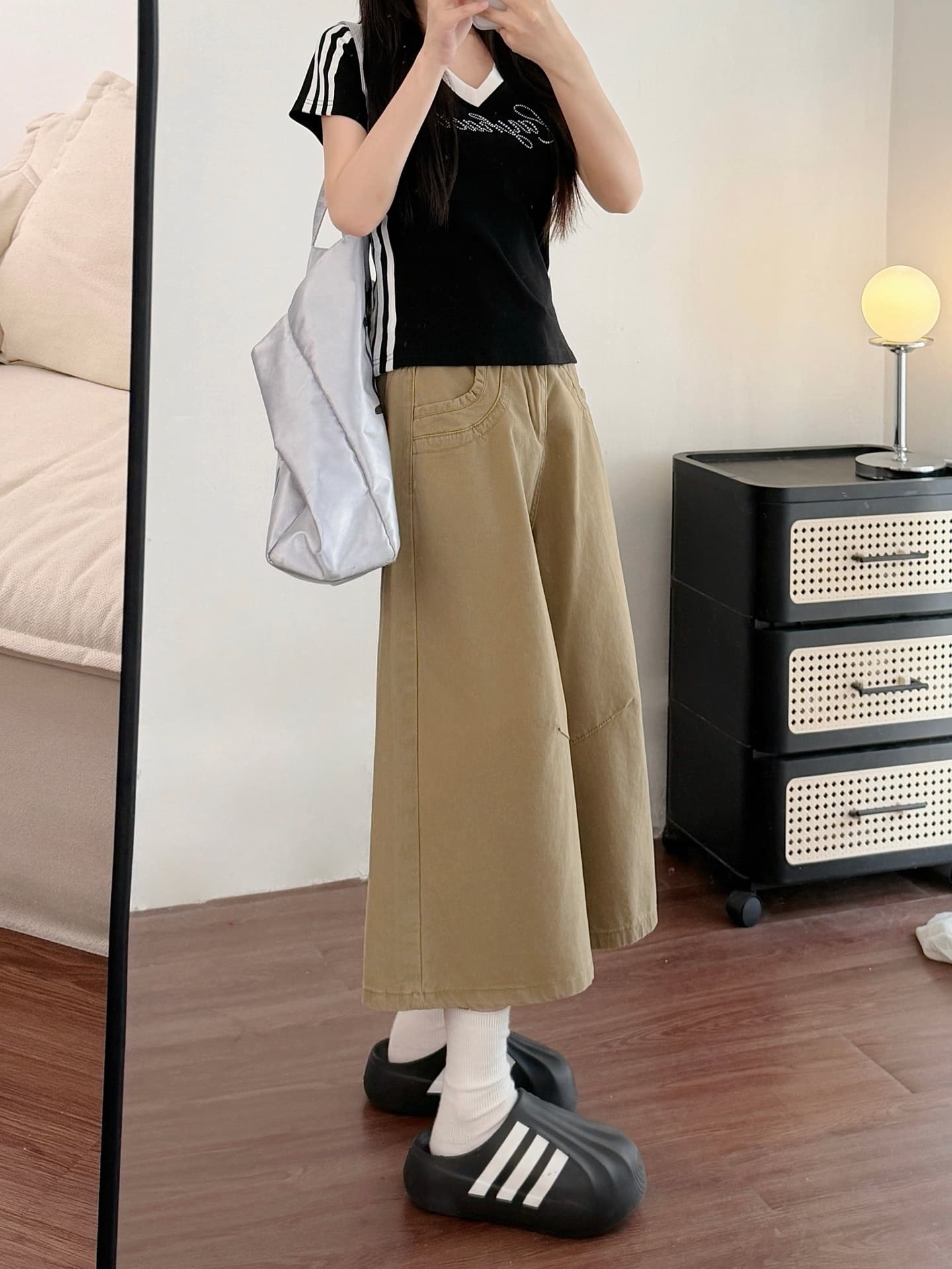 실사 레트로 카키 색 넓은 다리 데님 7부 바지 여성 여름 새로운 빅 사이즈 지방 mm 루즈핏 슬림해 보이는 스트레이트 팬츠 상세 이미지 5