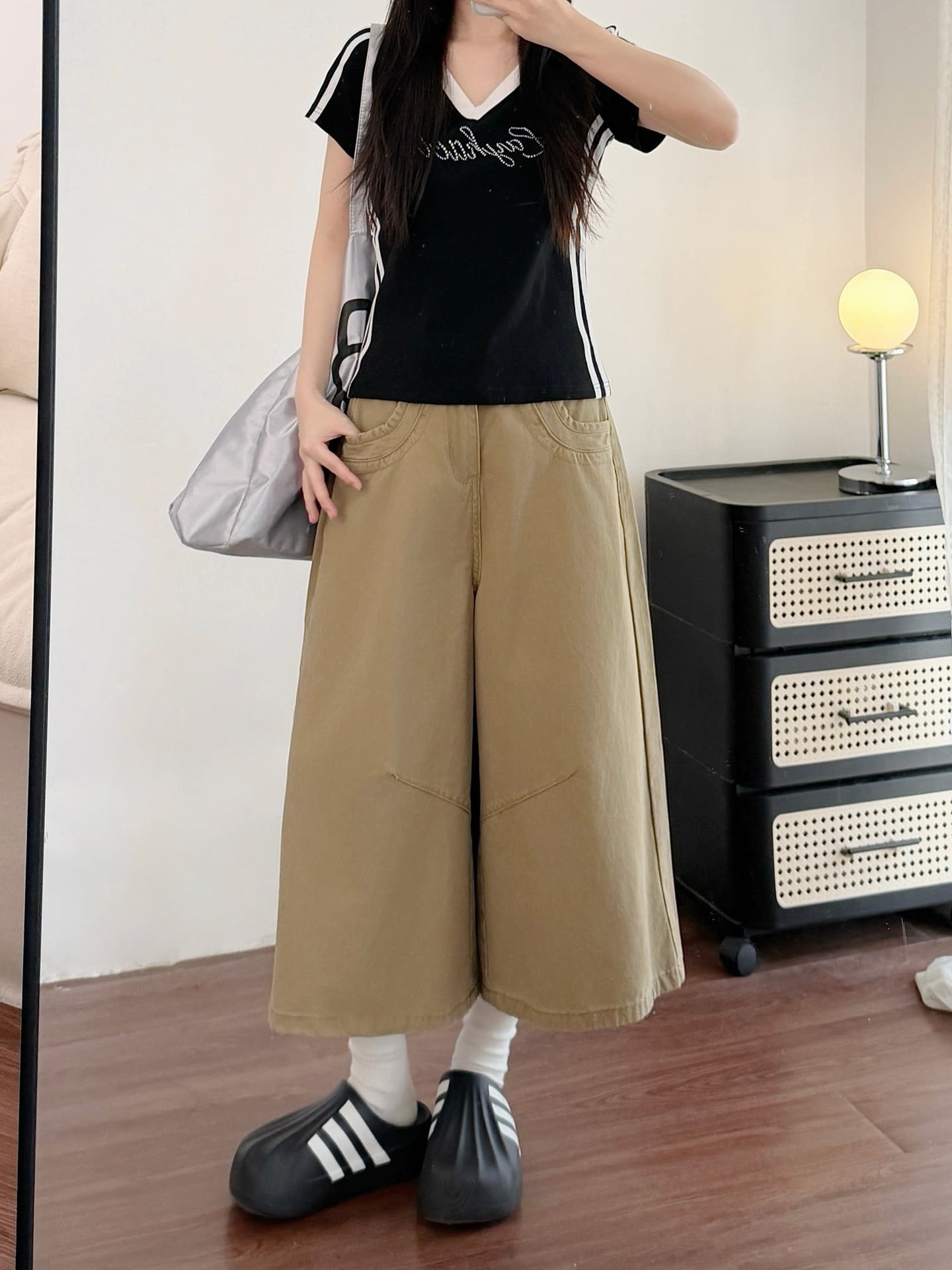 실사 레트로 카키 색 넓은 다리 데님 7부 바지 여성 여름 새로운 빅 사이즈 지방 mm 루즈핏 슬림해 보이는 스트레이트 팬츠 상세 이미지 6