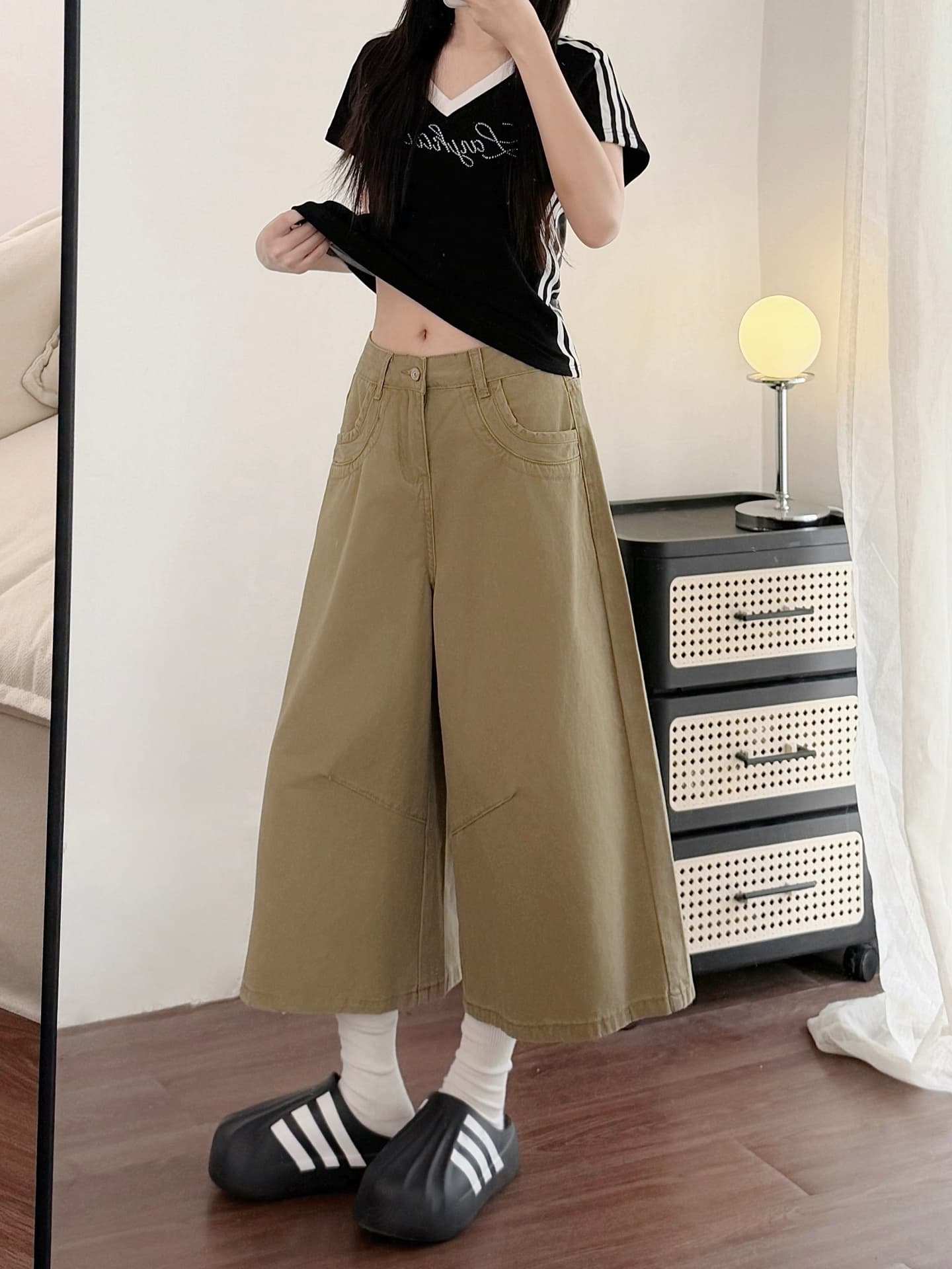 실사 레트로 카키 색 넓은 다리 데님 7부 바지 여성 여름 새로운 빅 사이즈 지방 mm 루즈핏 슬림해 보이는 스트레이트 팬츠 상세 이미지 7